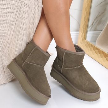 Cizme Dama Imblanite Kaki din Piele Naturala Intoarsa Angina ieftine