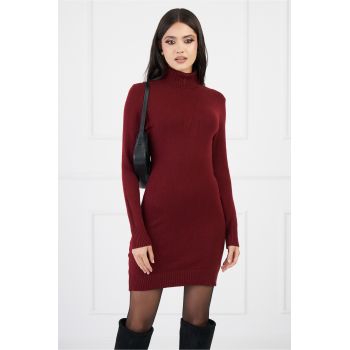 Rochie Amalia bordo scurta din tricot cu guler intors ieftina