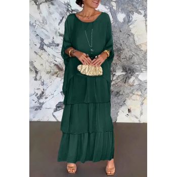 Rochie lunga suprapusa din matase naturala, cu trei volane mari si maneca cazuta, verde inchis