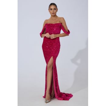 Rochie de ocazie tip sirena din catifea cu paiete Philomena Fucsia