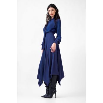 Rochie midi albastru electric cu esarfe la gat