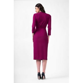 Rochie midi fuchsia cu pliuri si cordon in talie