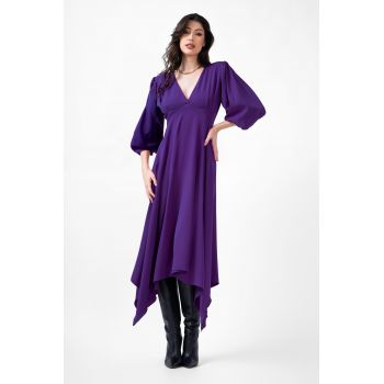 Rochie midi mov cu clini si maneca midi