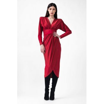 Rochie midi rosie cu corset si decolteu in V