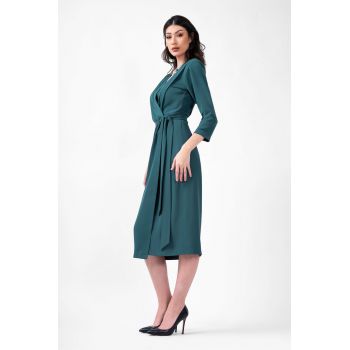 Rochie midi turcoaz cu pliuri si cordon in talie