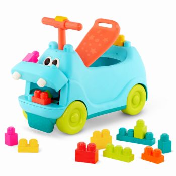 Vehicul fara pedale pentru copii BToys model Hipopotam cu sunete lumini si 26 de cuburi, spatiu de depozitare, de la 12 luni, greutatea maxima suportata 50 kg