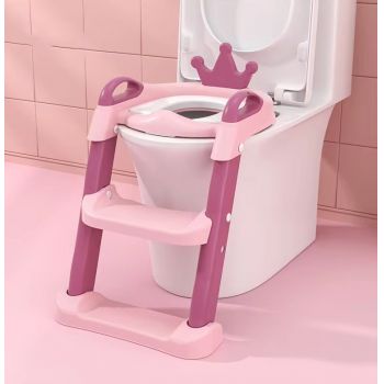 Reductor WC pentru copii Little Mom Royal Pink, pliabil,cu scarita antiderapanta, inaltime ajustabila, colac moale din spuma PU, manerele laterale ergonomice, Baza Antiderapanta, Compatibilitate Universala