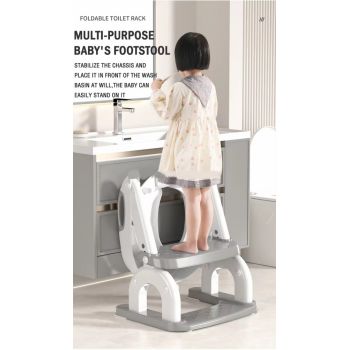 Reductor WC copii cu scarita 2 in 1 Little Mom Grey Teddy, pliabil cu colac moale detasabil, suport lat pentru picioare, manere ergonomice si protectie antistropire, inaltime reglabila, compatibilitate universala