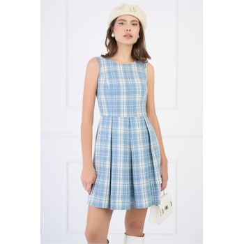 Rochie din lana bleu cu carouri tip sarafan ieftina