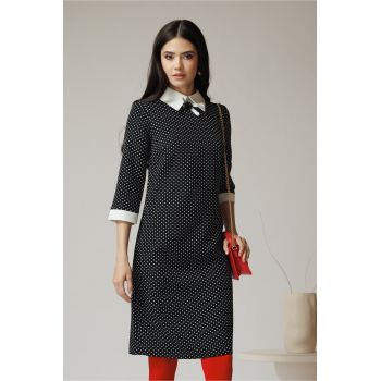 Rochie DY Fashion din stofa neagra cu buline si guler alb ieftina