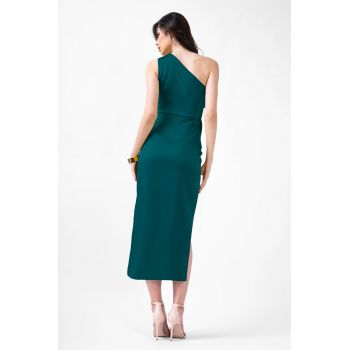 Rochie midi turcoaz cu pliuri si cordon in talie