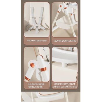 Scaun de masa pentru copii, Little Mom, multifunctional 3 in 1, pliabil, cu Tavita dubla extensibila, cu roti, cos pentru accesorii si husa detasabila, dimensiune 71 x 48 x 89 cm, Brown