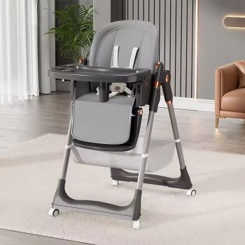 Scaun de masa pentru copii, Little Mom, multifunctional 3 in 1, pliabil, cu Tavita dubla extensibila, cu roti, cos pentru accesorii si husa detasabila, dimensiune 71 x 48 x 89 cm, Grey