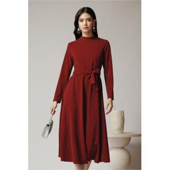 Rochie DY Fashion eleganta din lurex bordo cu cordon in talie ieftina