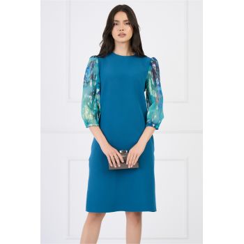 Rochie DY Fashion eleganta din stofa turcoaz cu maneci din voal cu print albastru ieftina