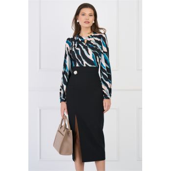 Rochie DY Fashion office cu bust din voal satinat cu print turcoaz si fusta neagra ieftina