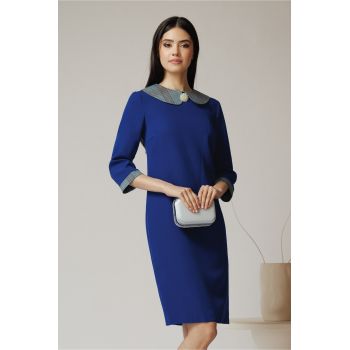 Rochie DY Fashion office din stofa albastra cu carouri pe guler ieftina