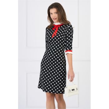 Rochie DY Fashion office din stofa neagra cu buline albe si mansete din poplin ieftina