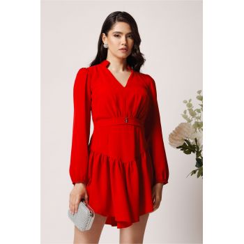 Rochie Moze scurta eleganta din triplu voal rosie cu volan pe fusta