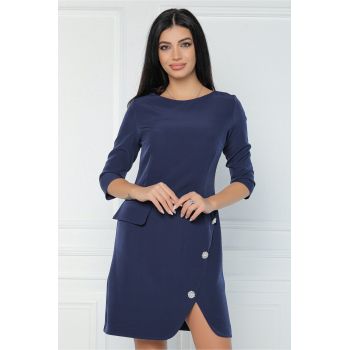 Rochie office din stofa bleumarin cu nasturi pe fusta ieftina