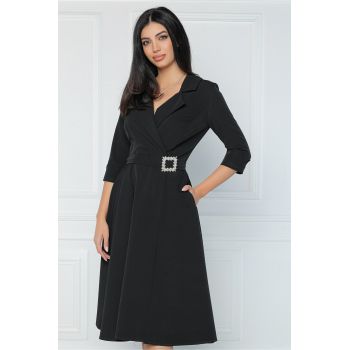 Rochie office din stofa neagra cu catarama in talie ieftina la reducere