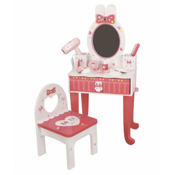 Masuta de frumusete cu oglinda, scaunel si accesorii, Iepurasul Red, din lemn