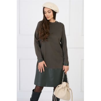 Rochie DY Fashion office din jerse kaki cu insertie din piele ecologica la baza ieftina la reducere