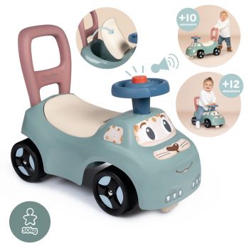 Masinuta pentru copii fara pedale Smoby Auto verde, de la 10 luni, spatar cu posibilitatea de impingere, spatiu de depozitare, scaun ergonomic
