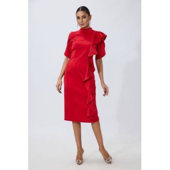 Rochie de ocazie din satin cu maneci scurte si volane Leonide Rosie