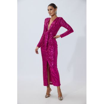 Rochie de ocazie cu paiete si crepeu in fata Tiziana Fucsia