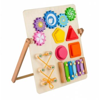 Joc Montessori Placa Busy Board cu 4 Activitati, cu Xilofon, din lemn
