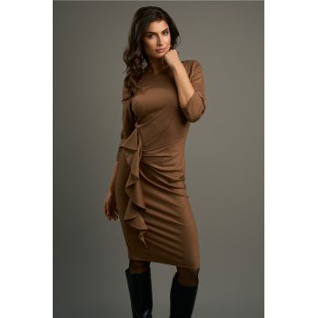 Rochie DY Fashion office din jerse bej cu volan pe fusta