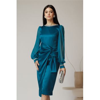 Rochie eleganta din satin turcoaz cu maneci din voal ieftina