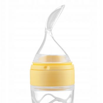Lingurita pentru copii, Kidnort, din silicon cu rezervor gradat 90 ml, si ventuza de prindere, Retter Sommar Yellow
