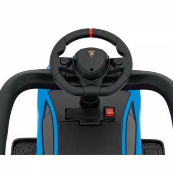 Masinuta copii de impins Lamborghini Aventador Blue, cu maner parental detasabil, sunete si lumini LED, roti din cauciuc, suport pentru picioare, bara de protectie, greutate maxima admisa 30 kg
