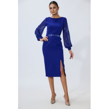 Rochie de ocazie din crepe cu strass-uri si maneci din voal Shanna Albastra