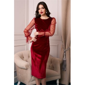 Rochie DY Fashion eleganta din catifea bordo cu maneci din tull cu buline ieftina