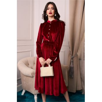Rochie DY Fashion eleganta din catifea bordo cu nasturi si curea in talie ieftina