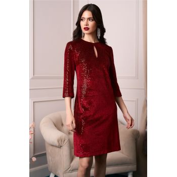 Rochie DY Fashion eleganta din catifea cu paiete bordo ieftina