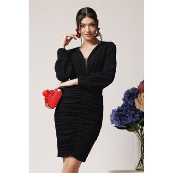 Rochie eleganta din lurex neagra cu fronseu pe fusta