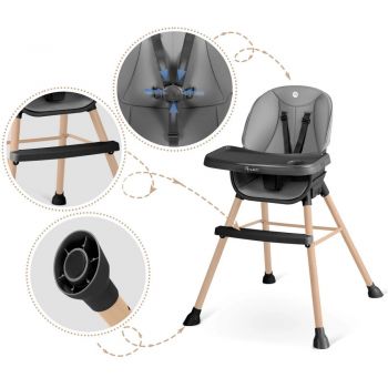 Scaun de masa multifunctional 3in1 Nukido cu utilizare versatila,masuta reglabila si detasabila,husa impermeabila,centuri de siguranta si suport picioare Tilo GriNegru
