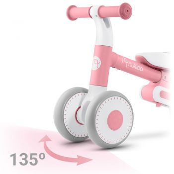 Bicicleta de echilibru Ride On Nukido Roz, de la 12 luni,scaun moale, inaltime sezut reglabila, roti din spuma EVA, cadru rezistent, manere ergonomice cu opritoare, Unghi de virare sigur al rotii cu protectie anti-rotatie