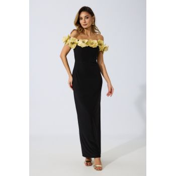 Rochie de ocazie premium din licra cu flori 3D aurii Katherine Neagra