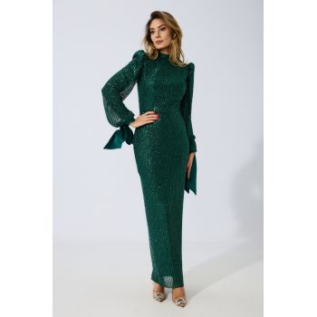 Rochie de ocazie premium din tull cu paiete si funde la maneci Lovette Verde