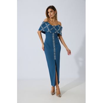 Rochie de ocazie premium din crepe cu strass-uri si umerii goi Rivera Turcoaz ieftina
