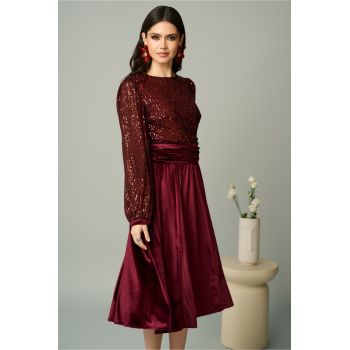Rochie DY Fashion eleganta din catifea bordo cu bust din paiete ieftina Rochie DY Fashion eleganta din catifea bordo cu bust din paiete ieftina