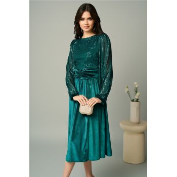 Rochie DY Fashion eleganta din catifea verde cu bust din paiete
