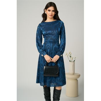 Rochie DY Fashion office din jerse bleumarin cu imprimeu turcoaz ieftina