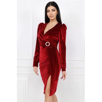 Rochie eleganta de ocazie din catifea bordo cu catarama si funda in talie ieftina