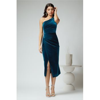Rochie eleganta din catifea turcoaz pe un umar cu fronseu in talie ieftina